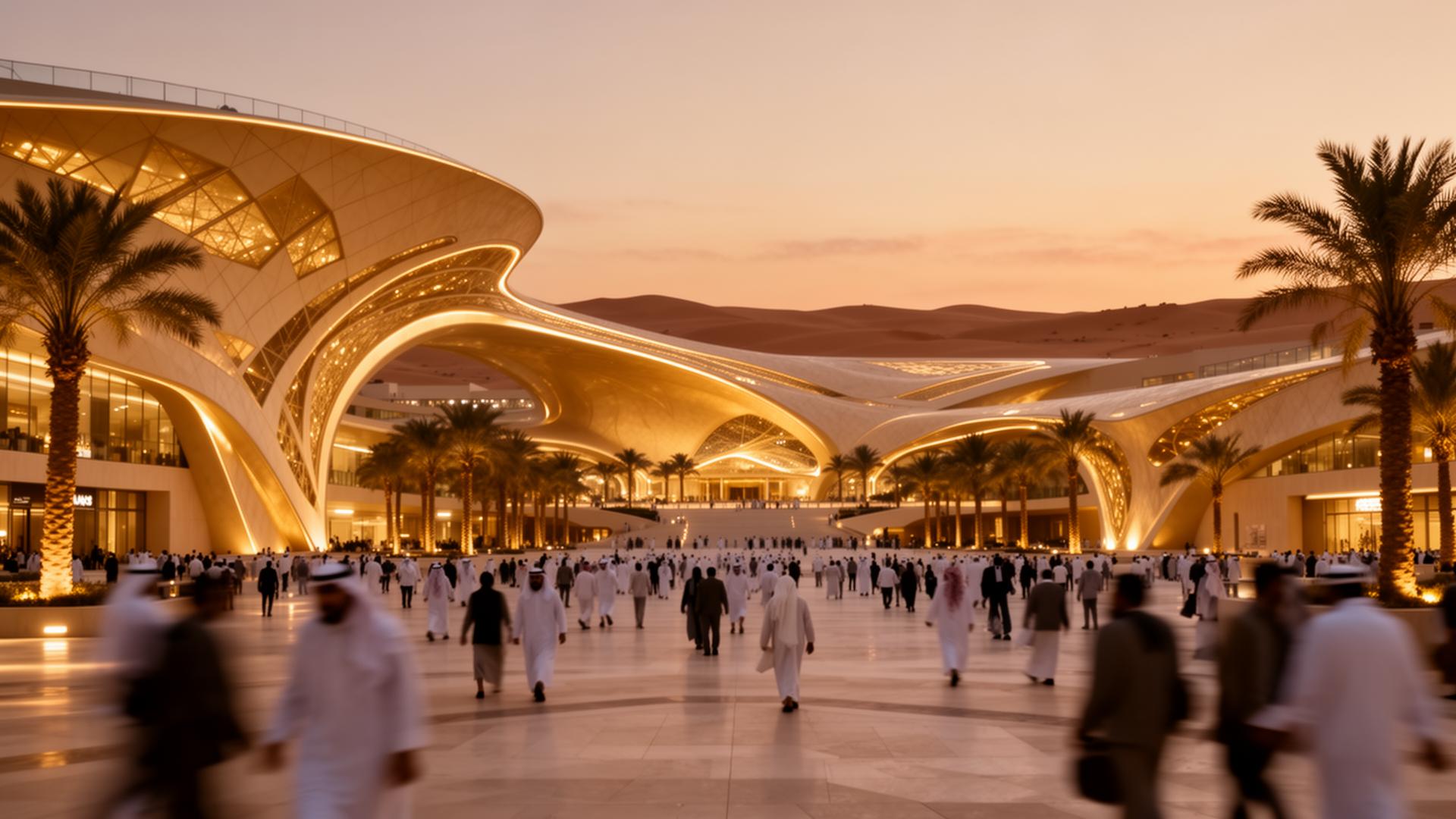 Expo pavilion plaza at dusk