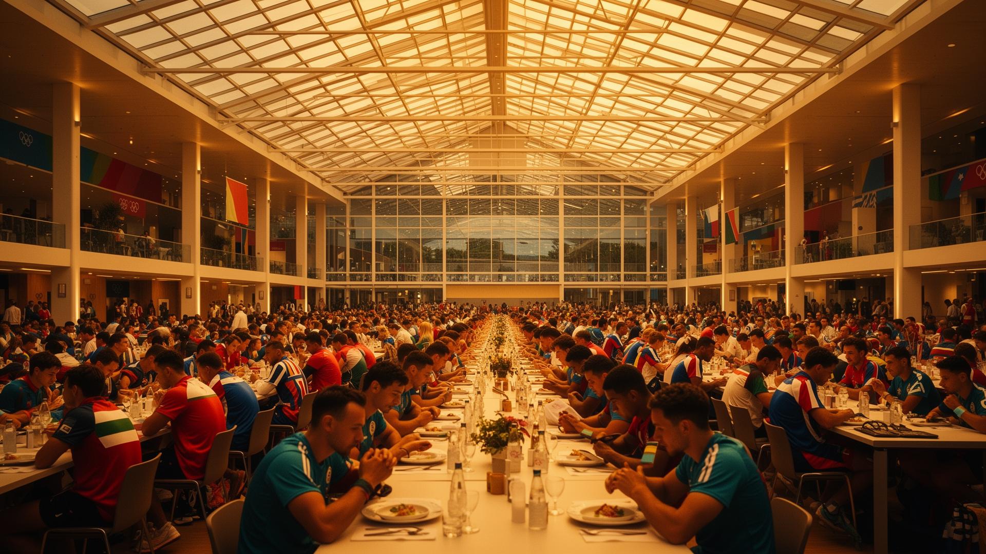 Athletes' village dining hall at dusk